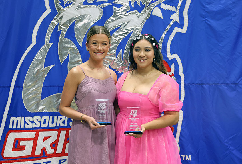Hailey Baldwin and Viviana Prado with their Grizzly Cheer Team awards. (MSU-WP Photo)