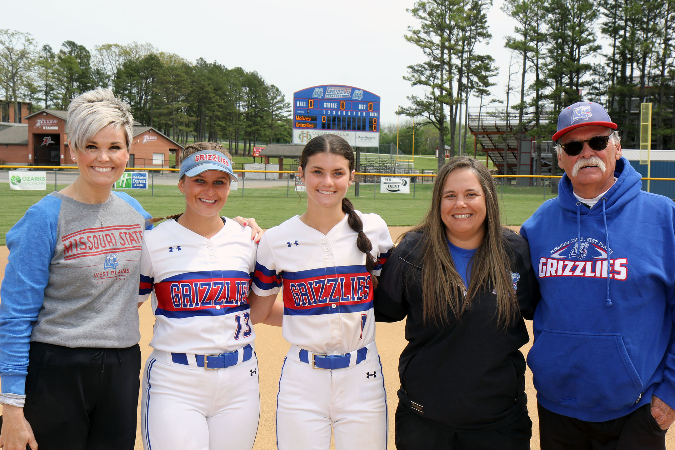 The Grizzly Softball team recognized sophomores Kenzie Massey, Grandby, and Madalyn Ivy, Mansfield, prior to the April 20 games against North Central Missouri College. From left are Assistant Coach Ashley Cooley, Ivy, Massey, Assistant Coach Amy Marshall and Head Coach Don Long. (MSU-WP Photo)
