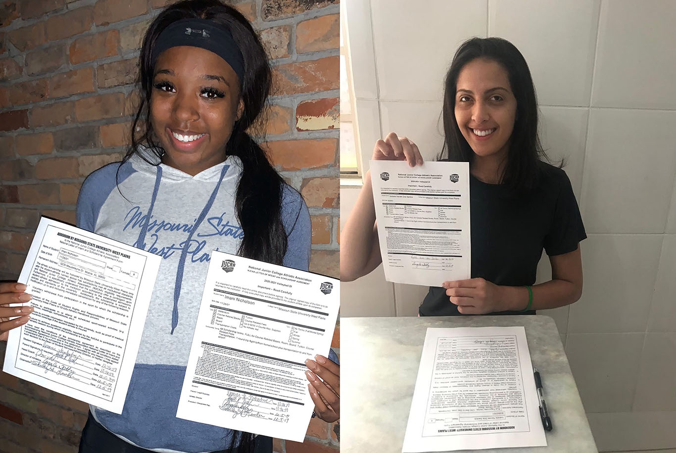 IMANI NICHOLSON, left, a 5-foot, 9-inch outside attacker from Mobile, Ala., and Izabela Dos Santos, a 6-foot, 2- inch middle from Minas Gerais, Brazil, recently signed paperwork to join the Missouri State University-West Plains Grizzly Volleyball team in fall 2020. (Photos provided)