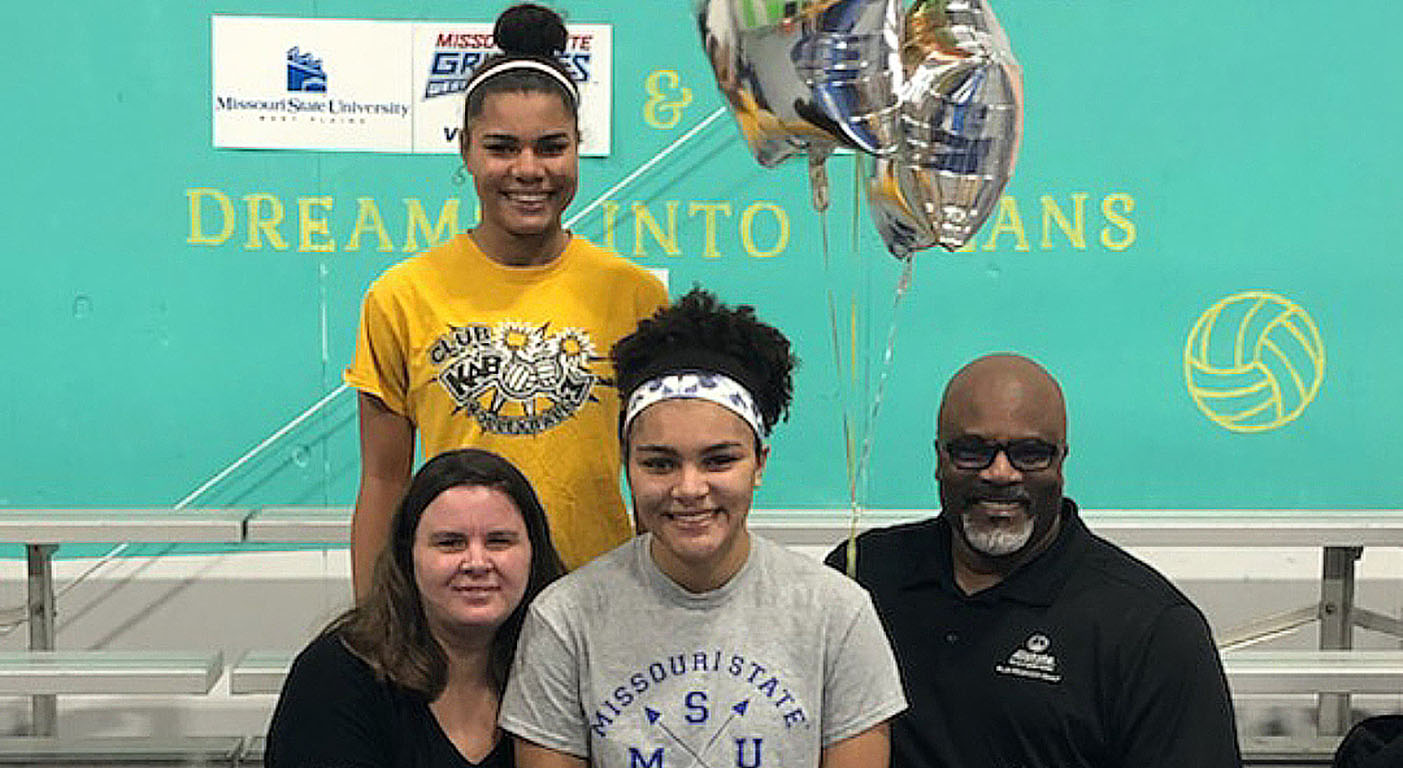 Angie Hardison, seated center, an outside hitter from Houston, Texas, has signed a letter of intent to play for the Missouri State University-West Plains Grizzly Volleyball team beginning this fall. With her above are her parents, Gretchen and Melvin Hardison, and her sister, Abbie, standing. (Photo provided)