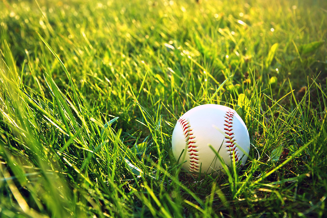 A baseball sitting in the grass